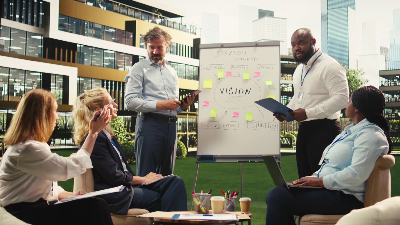 Diverse Business Team Collaborating During Strategy Meeting in Modern Office