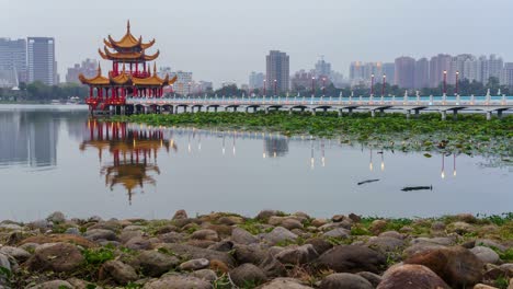 beautiful light decorative pagoda at lotus pond in kaohsiung city at night