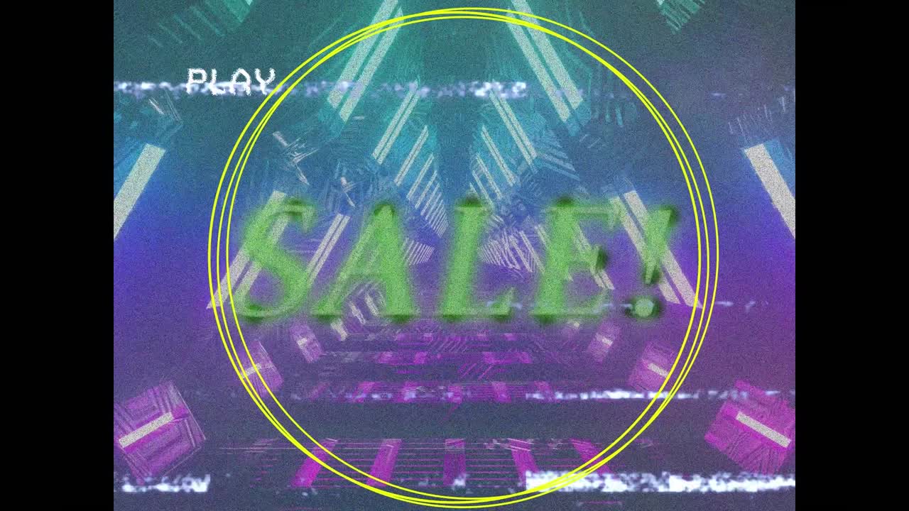 Animazione di interfaccia di riproduzione con testo 'saldi' su luci al neon multicolori