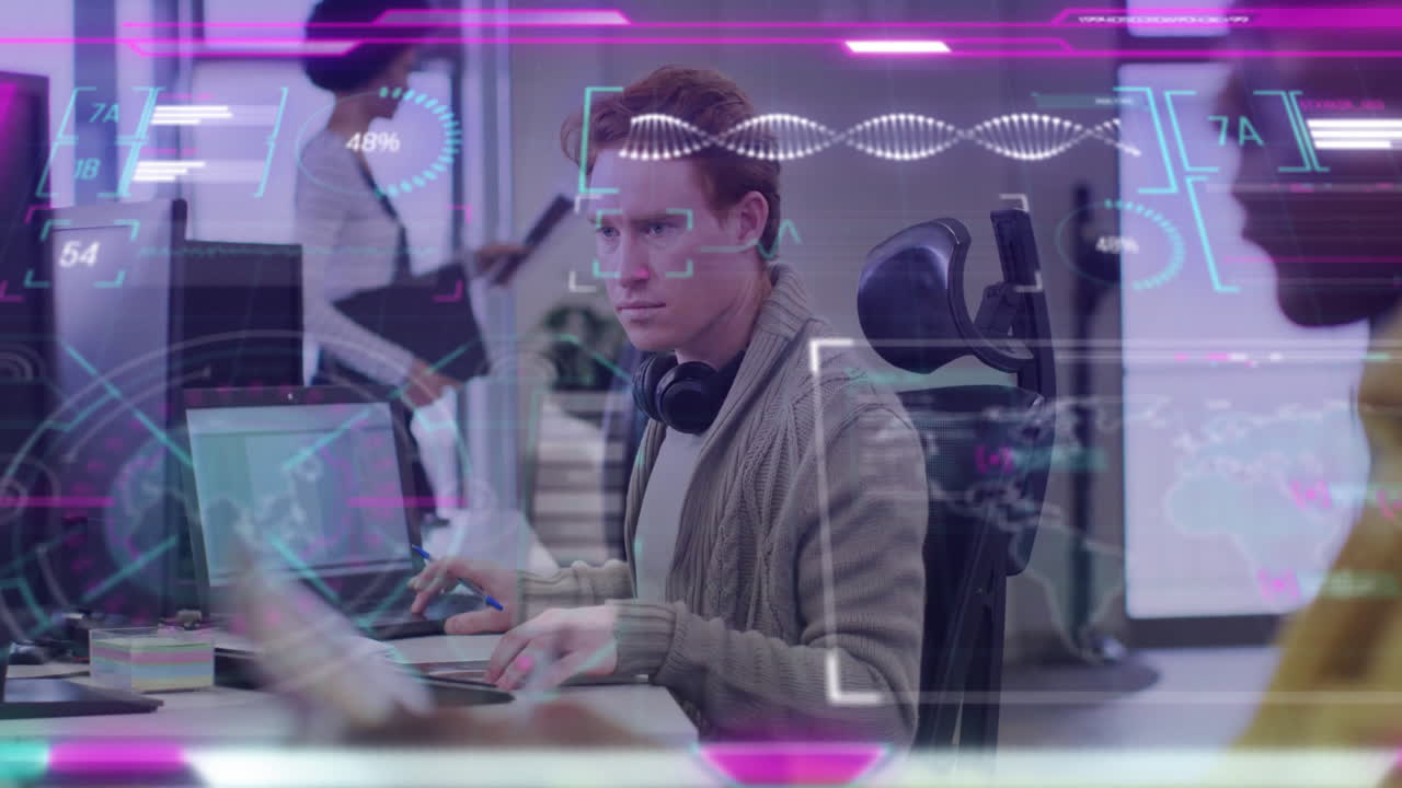 Animation of interface processing data over caucasian casual businessman working at office