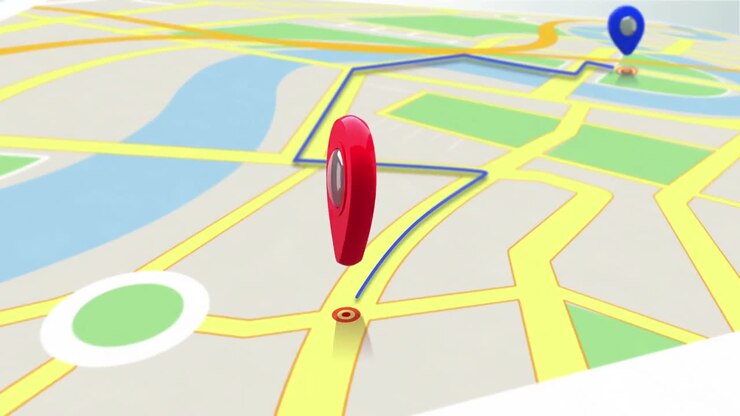 Red marker showing the way by zooming in on a map
