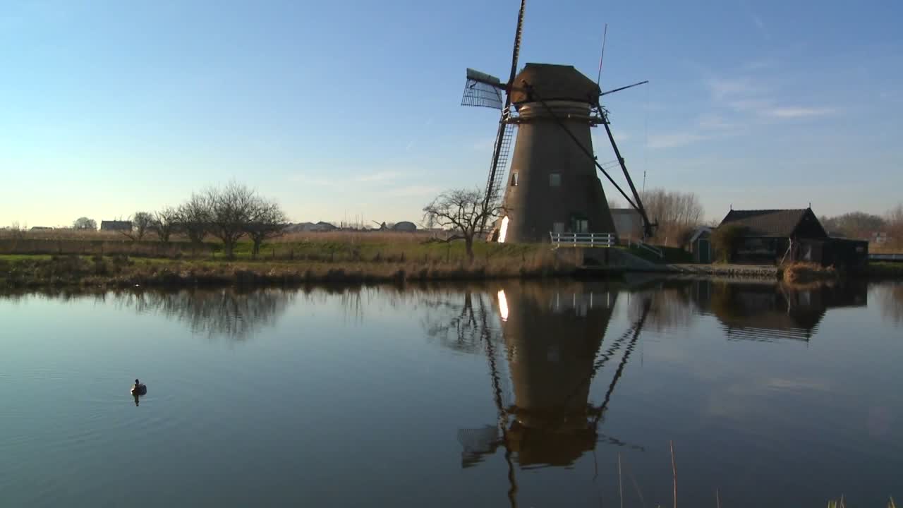 풍차는 오리가 1에 떠있는 동안 네덜란드의 운하를 따라 늘어서 있습니다.