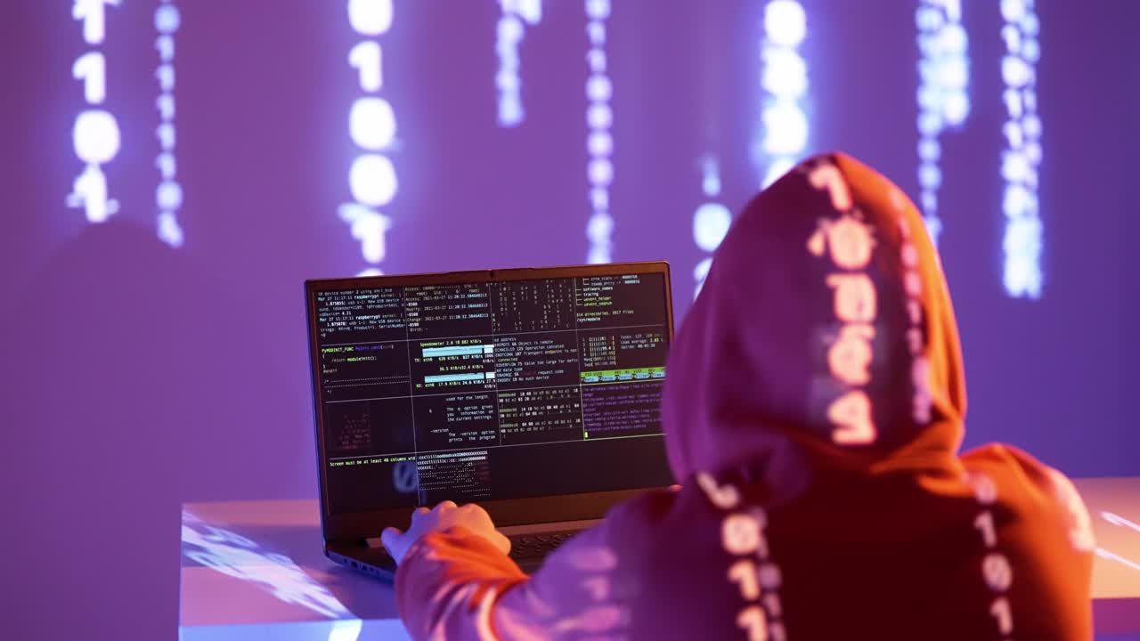 A hooded hacker types on a laptop surrounded by projected binary code and terminal screens. The scene glows with purple neon, emphasizing cybercrime, surveillance, and digital infiltration.