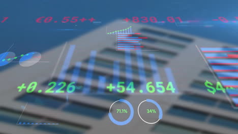 animation of data processing, diagrams and stock market over building