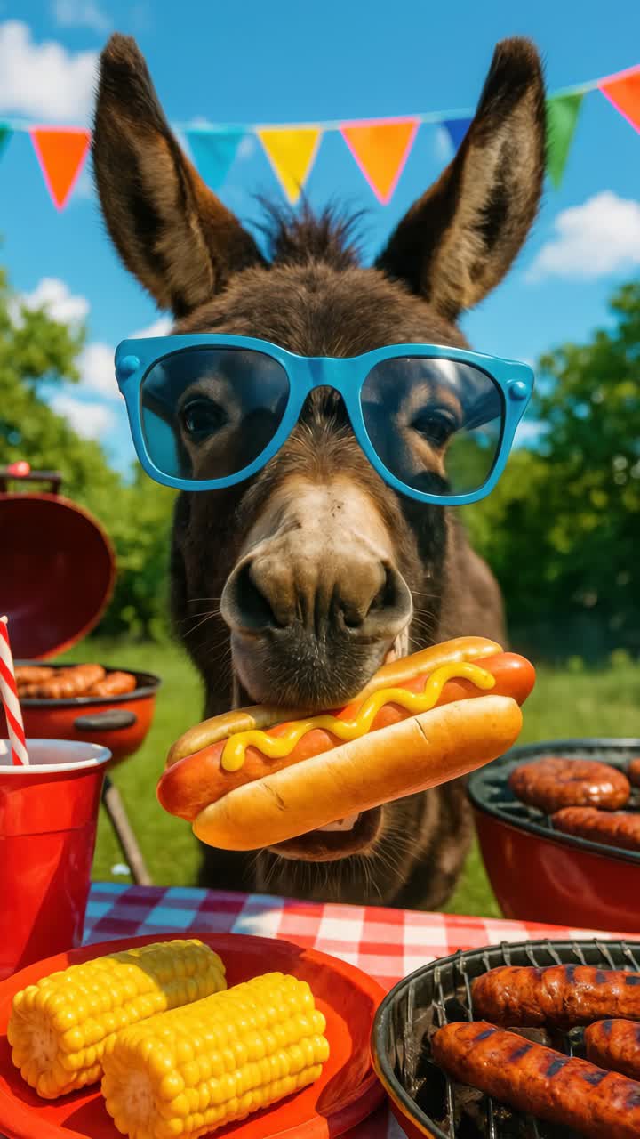 A humorous video concept featuring a donkey wearing sunglasses, holding a hot dog