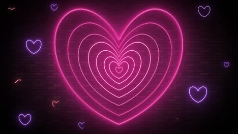 neon hearts pulsate and glow against a dark backdrop.