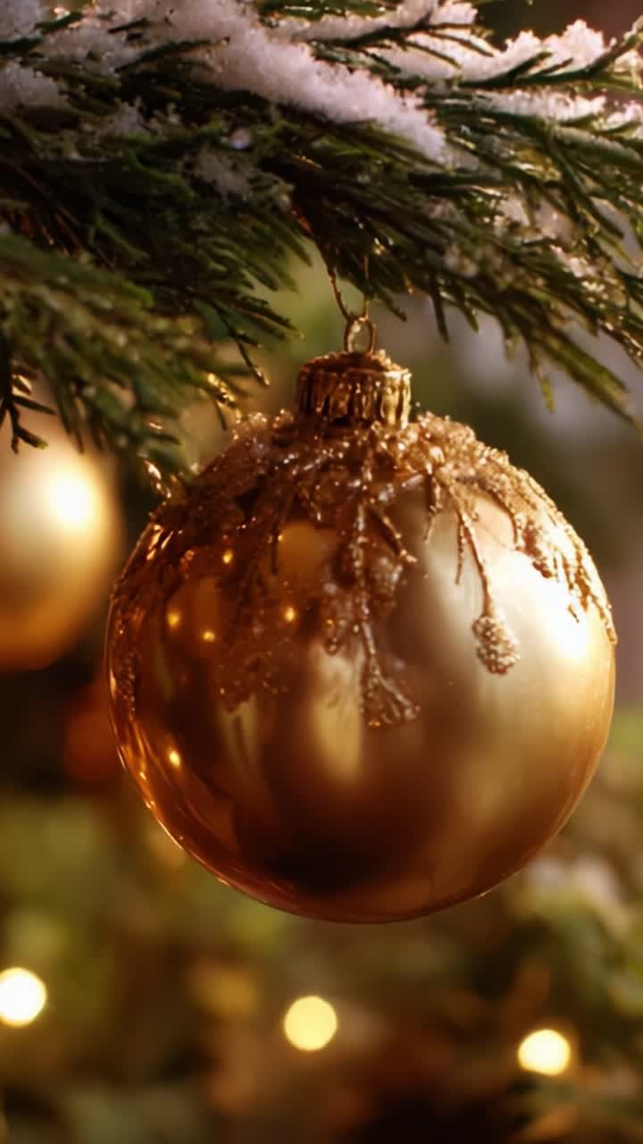 A Sparkling Golden Ornament Hanging Elegantly from a Snow-Dusted Christmas Tree Branch, Capturing the Warmth and Joy of the Holiday Season with Its Shimmering Surface and Delicate Details