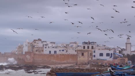 closeup of the city of essaouira, morocco during a dramatic storm shown in slow motion with the sea rolling in and the seagulls floating on the breeze