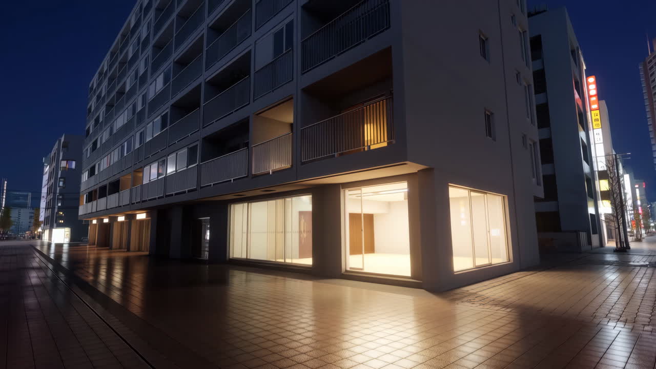 Nighttime view of a modern building in a city