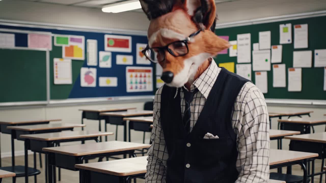 Anthropomorphic fox teacher with glasses and formal wear stands in an empty classroom, possibly preparing for a lesson or waiting for students