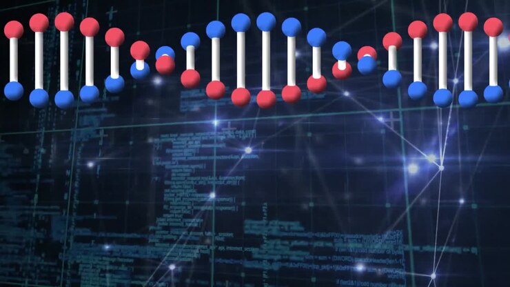 Animation of spinning dna structure over glowing network of connections and data processing