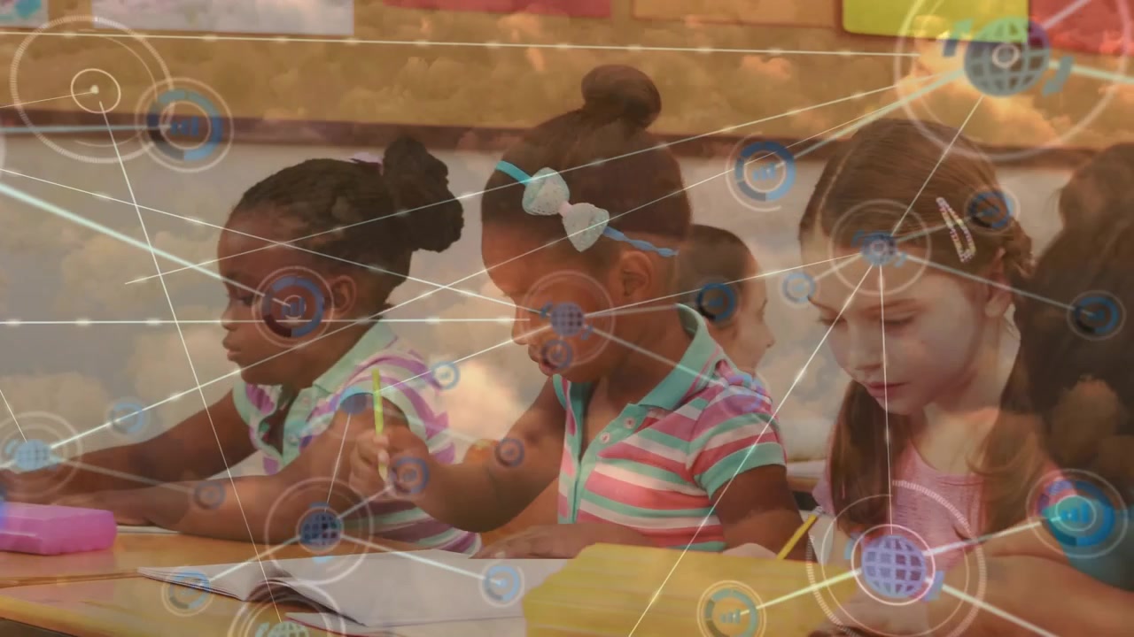 Animation of network of connections over diverse children and teacher