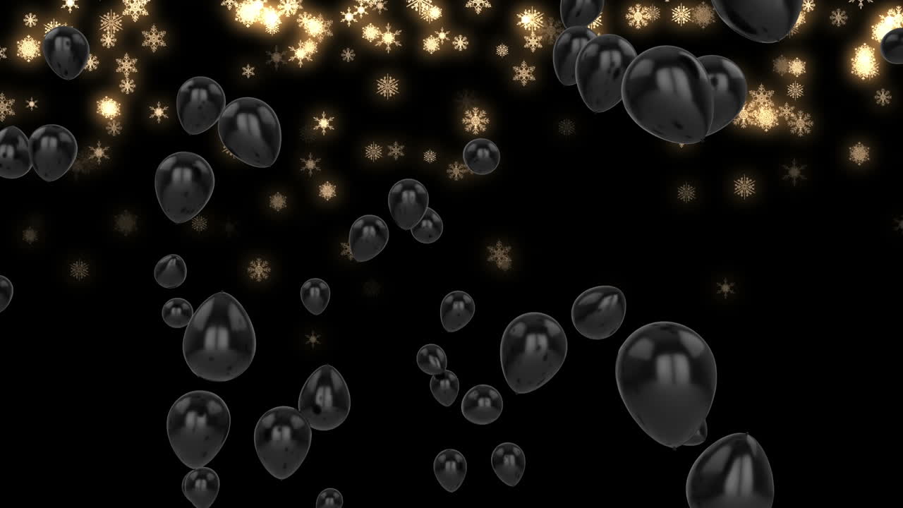 Animation von fliegenden schwarzen Ballons und Schneeflocken vor schwarzem Hintergrund