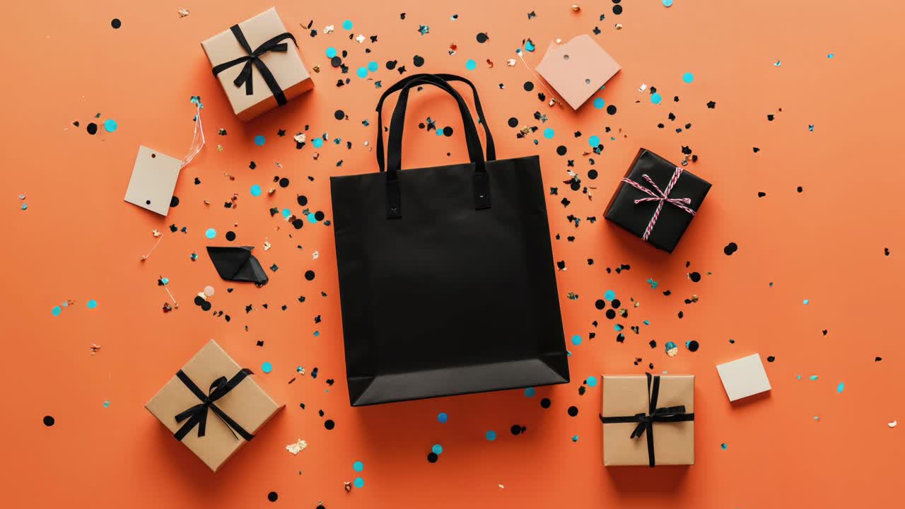 bolsa de compras negra con cajas de regalos y celebración de confeti