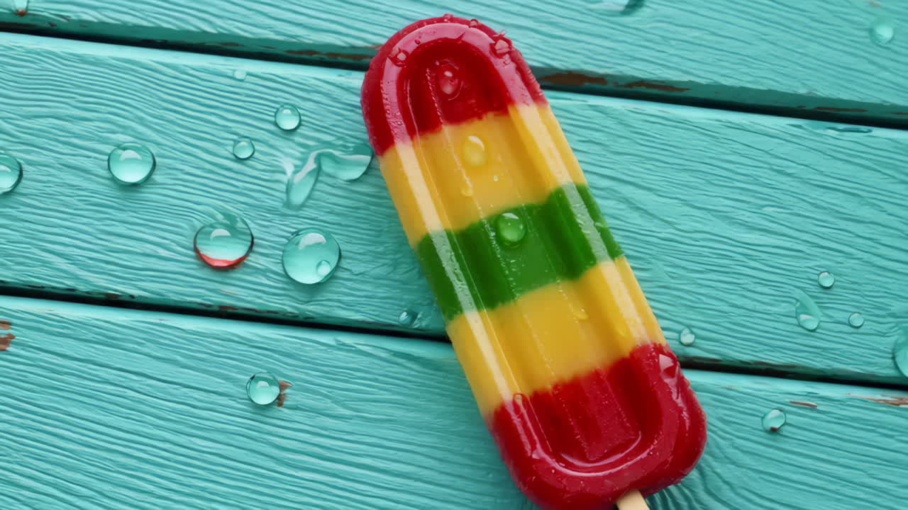 Colorful Striped Popsicle on Wet Teal Wood