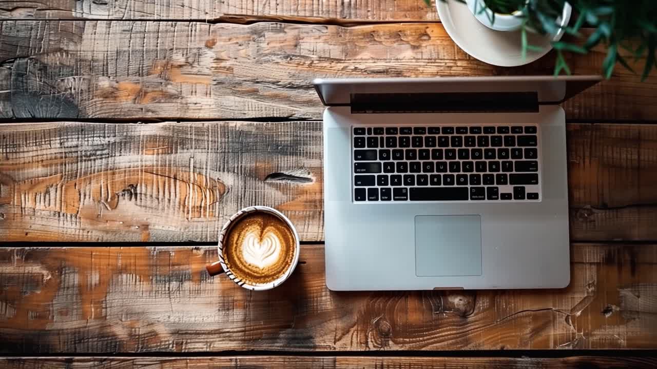 Laptop and Coffee on Wooden Table