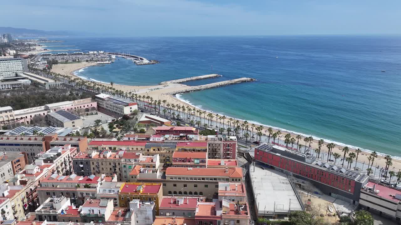 Barceloneta Beach At Barcelona In Barcelona Province Spain. Stunning Cityscape. Beach Landscape. Highrise Buildings. Barceloneta Beach At Barcelona Spain. Nature Background. Spain Skyline.