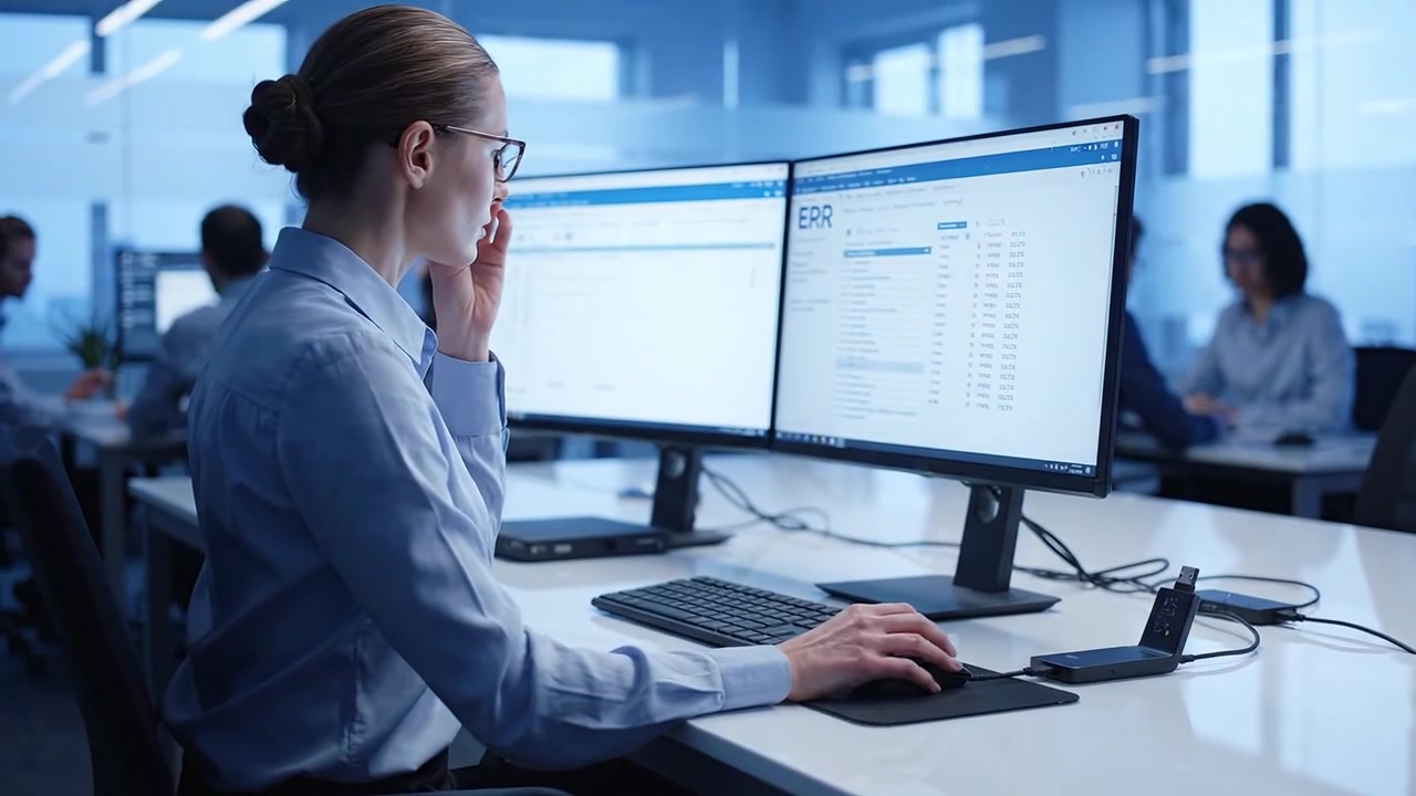 Fokusert kvinnelig fagperson jobber ved et moderne kontorbord med doble skjermer, analyserer data og øker produktiviteten i et samarbeidsorientert arbeidsmiljø