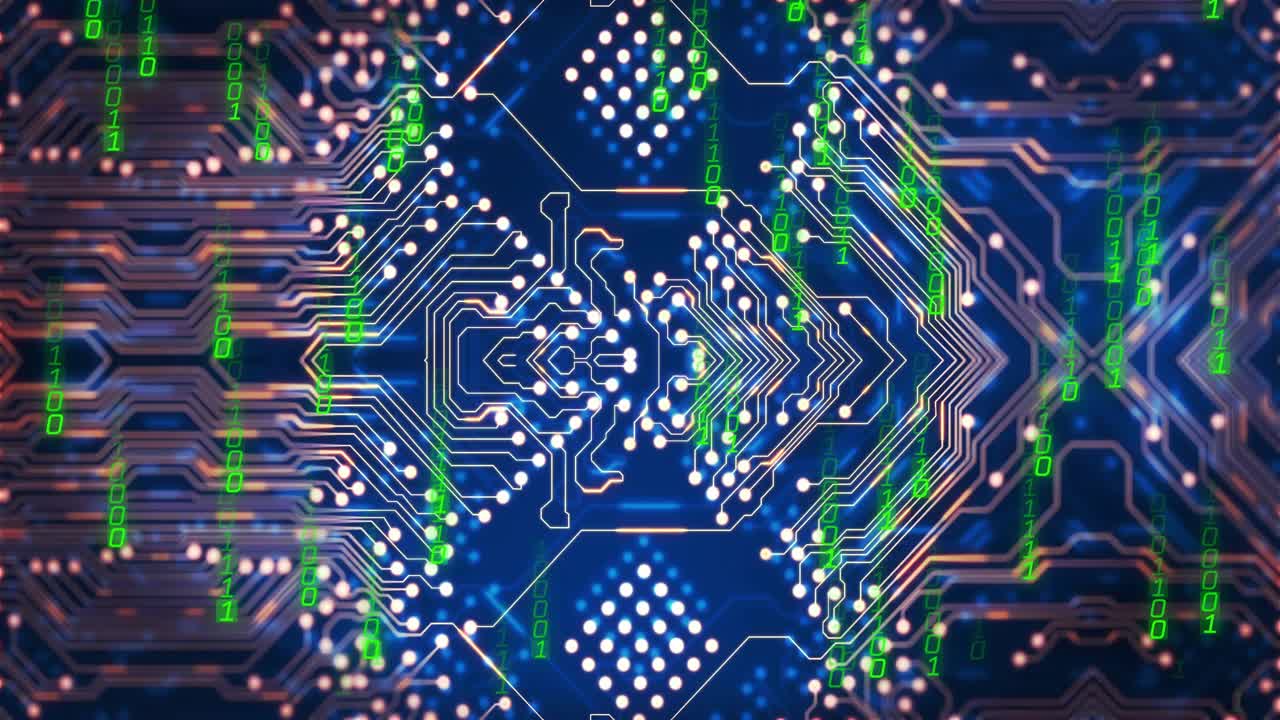 Green binary streams arising, central diamond pads pulsing along copper traces, showing data flow
