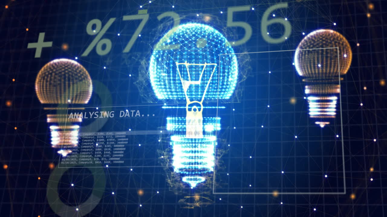 Animation of data processing over lightbulbs and connections
