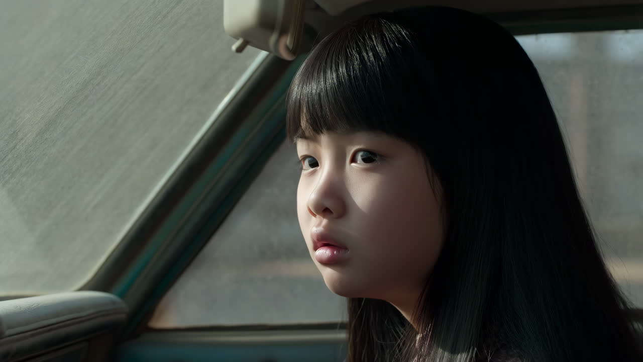 A young girl looking out the car window