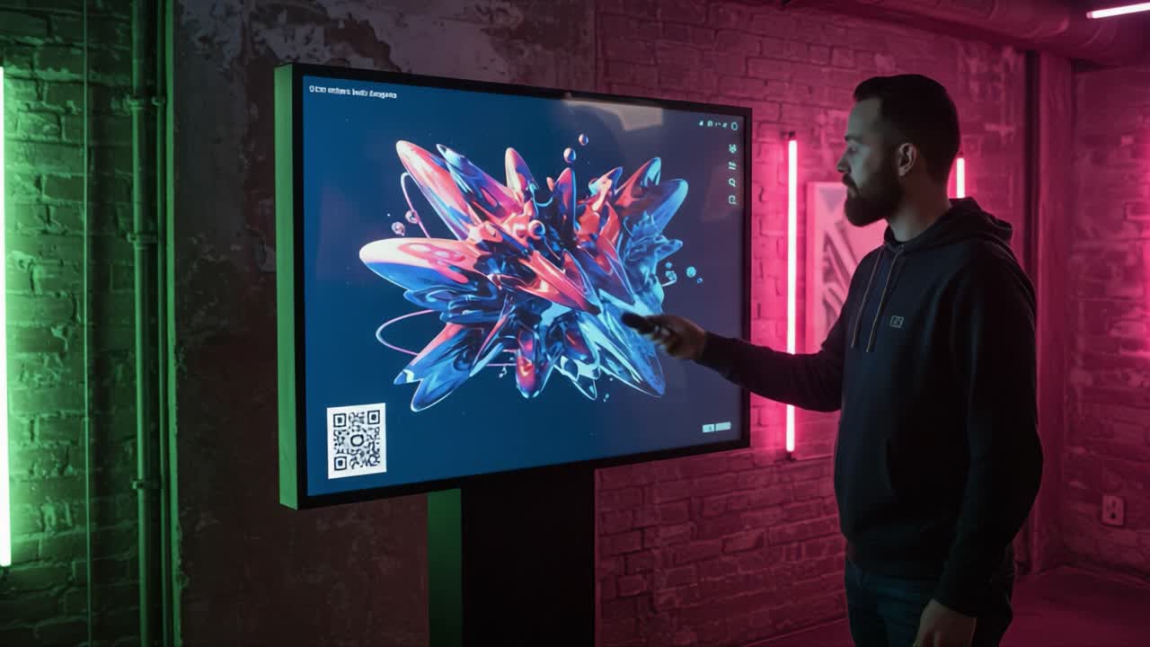 An Engaging Interaction with Vibrant Digital Art on a Touchscreen Display, Showcasing a Colorful Abstract Visual Experience Enhanced by Modern Lighting