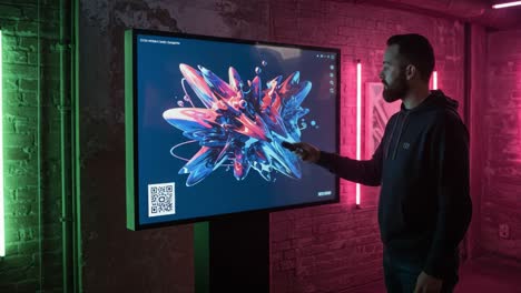 an engaging interaction with vibrant digital art on a touchscreen display, showcasing a colorful abstract visual experience enhanced by modern lighting