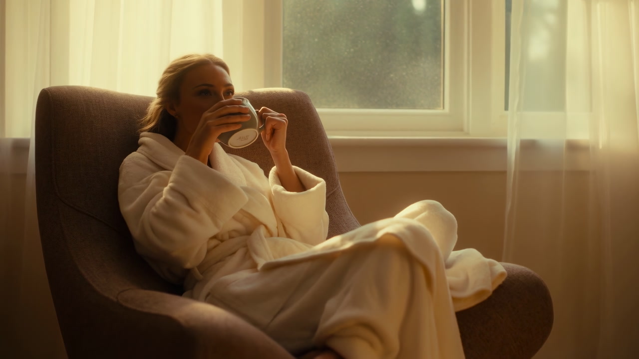Caucasian Woman In Robe Sipping Coffee In Armchair By Window Soft Warm Sunlight Filters Through Curtains,