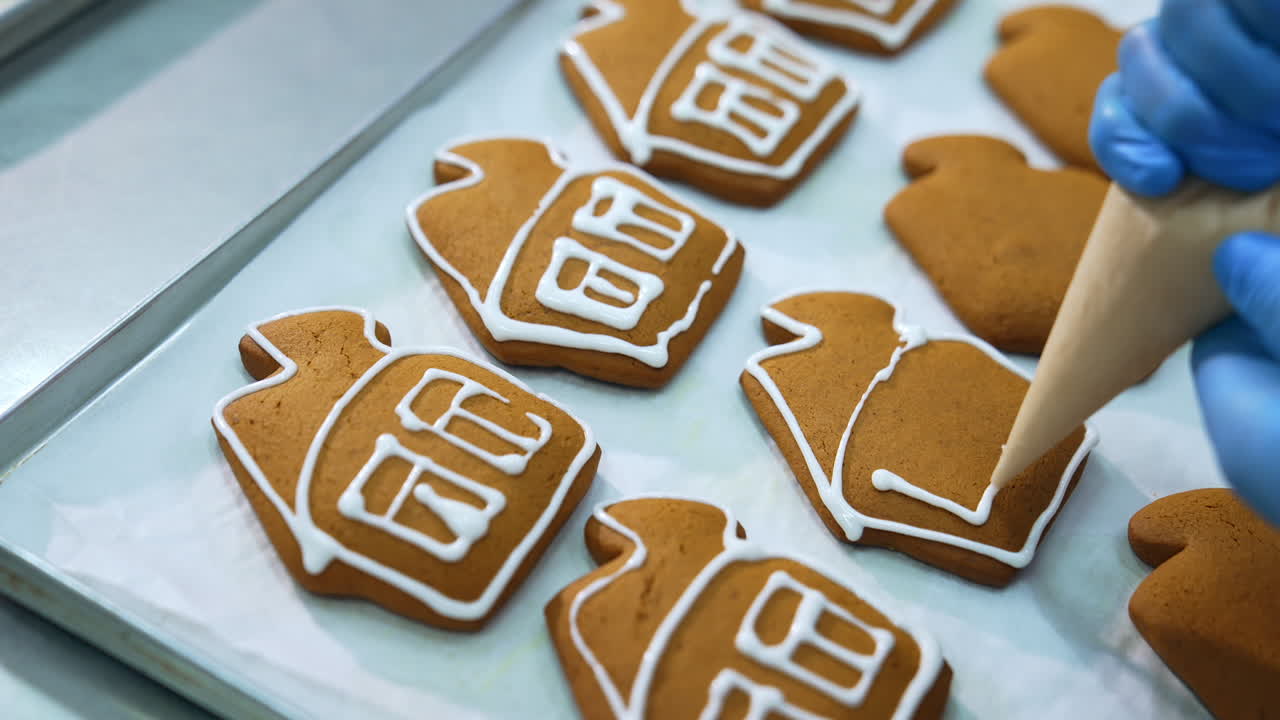 Hand in gloves decorates gingerbread houses with white icing. Close up. Pastry manufacturing at confectionery factory.