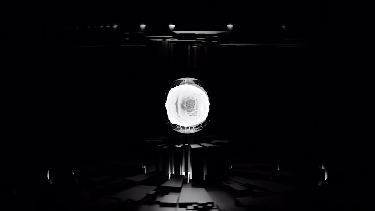 중간에 반이는 에너지 구를 가진 추상적인 회전 메커니즘, 원활한 루프, 전기 구형 코어, 에너지 공급, 모든 미래 기계.