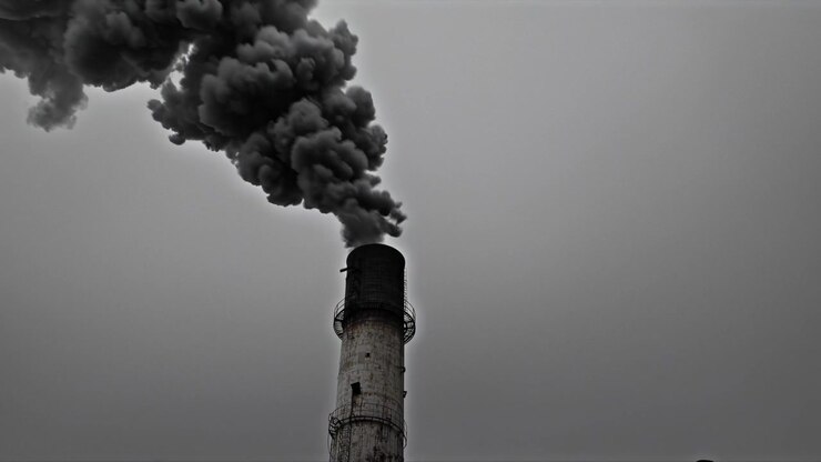 Industrial Chimney Emitting Thick Dark Smoke Against a Grey Sky