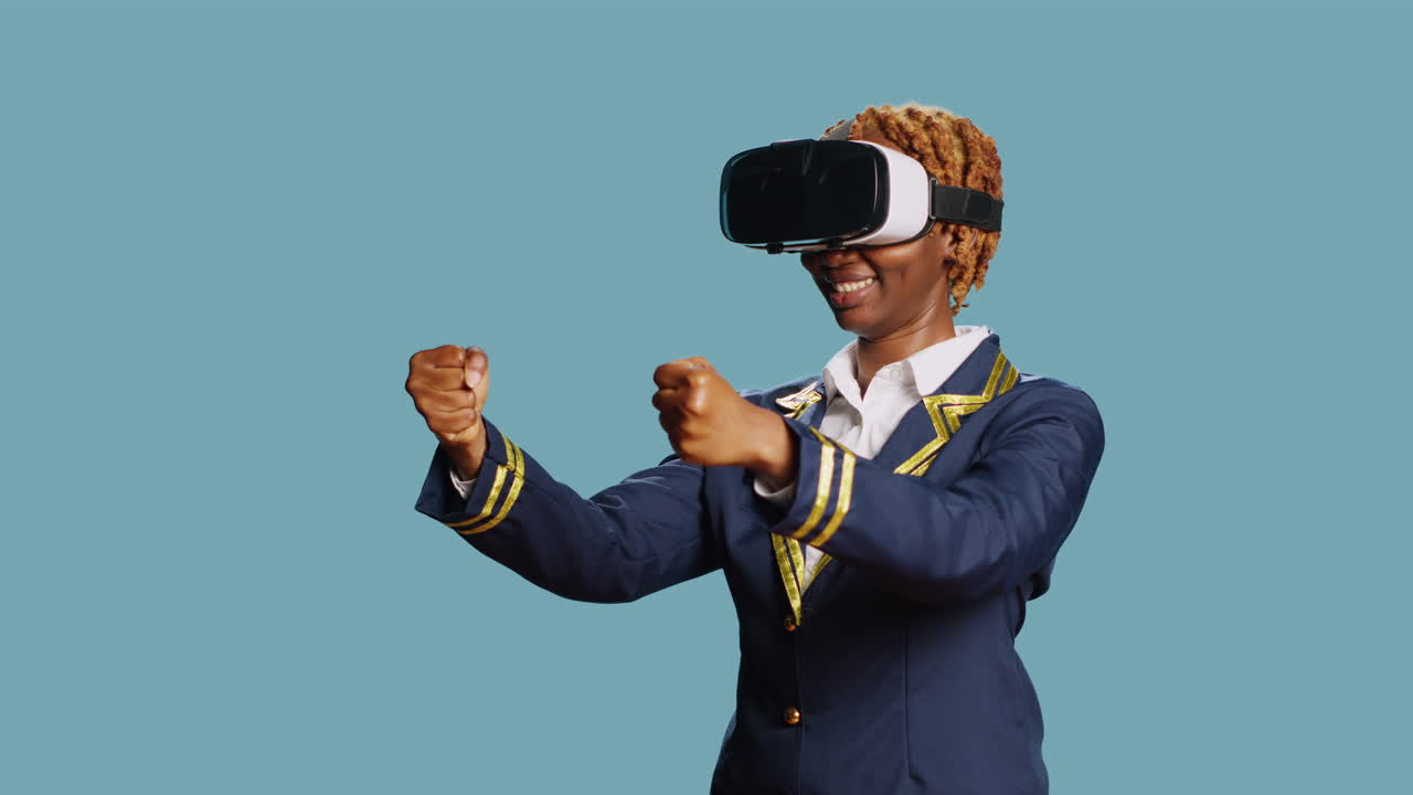 African american stewardess wearing vr headset in studio