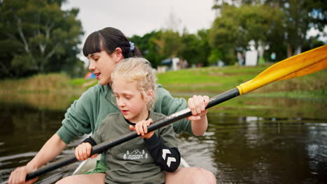 child, mother and rowing kayak in lake on holiday