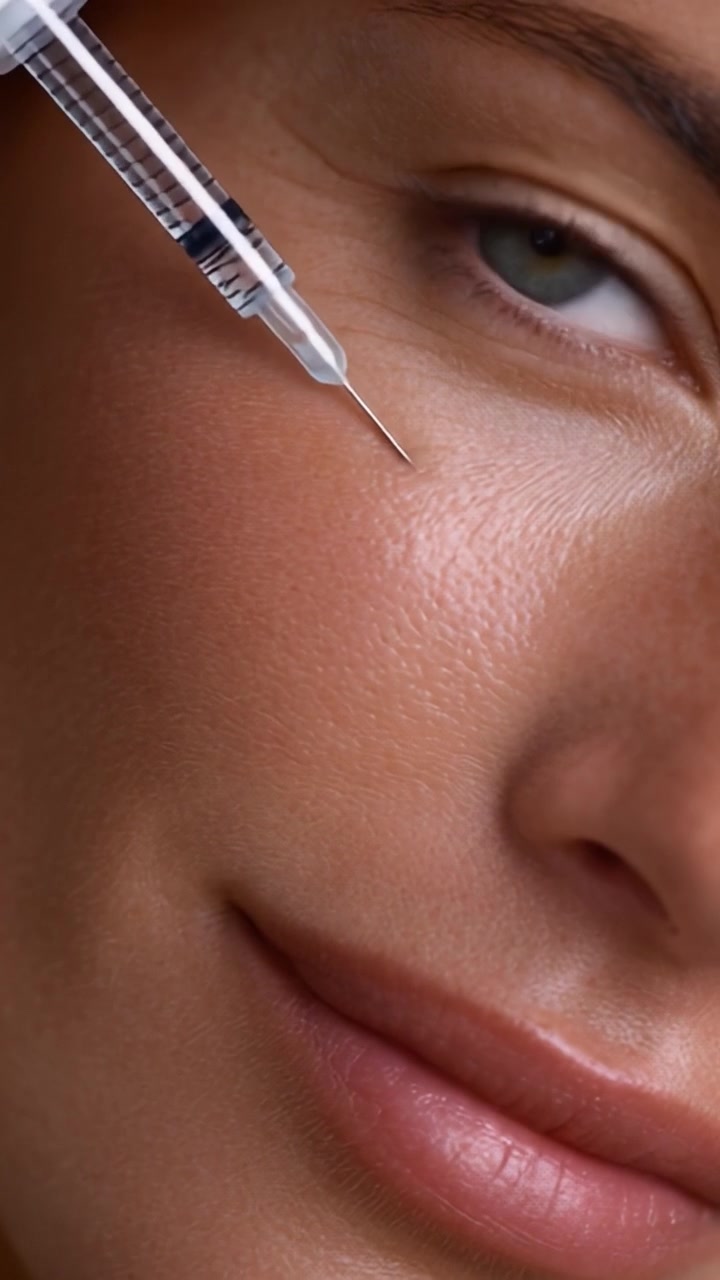 Primo piano del viso di una donna con un ago che si prepara per un trattamento iniettabile, focalizzato su procedure di miglioramento della pelle e di perfezionamento estetico.
