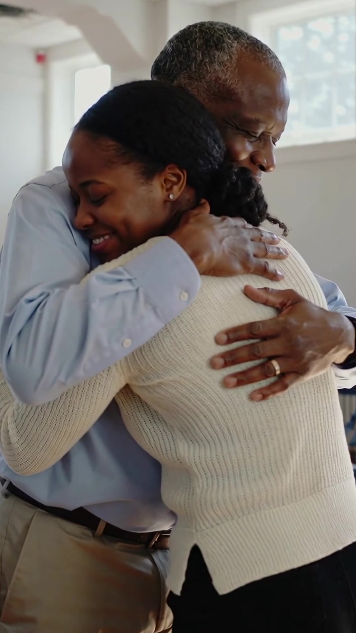 Vertical video: Reuniting dad and daughter hugging in light room, blue shirt wedding ring