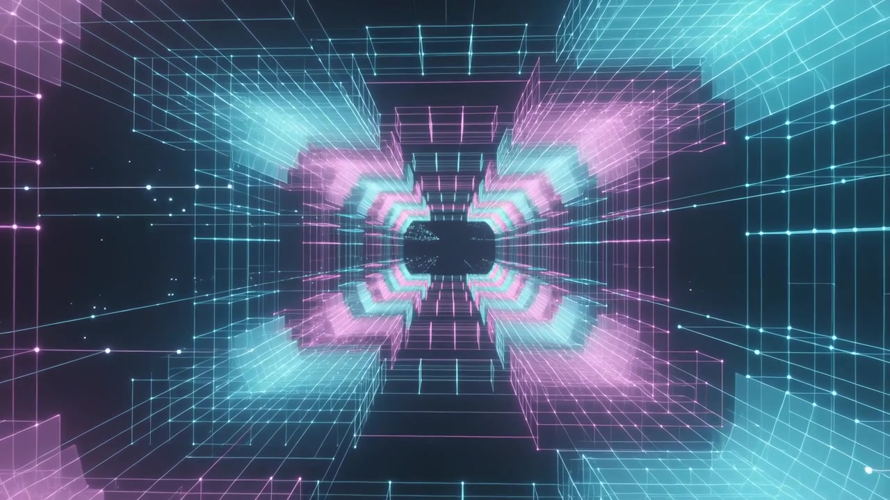 Pulsing neon tunnel in neon corridor reacting to panel beats, moving inward, deepening perspective
