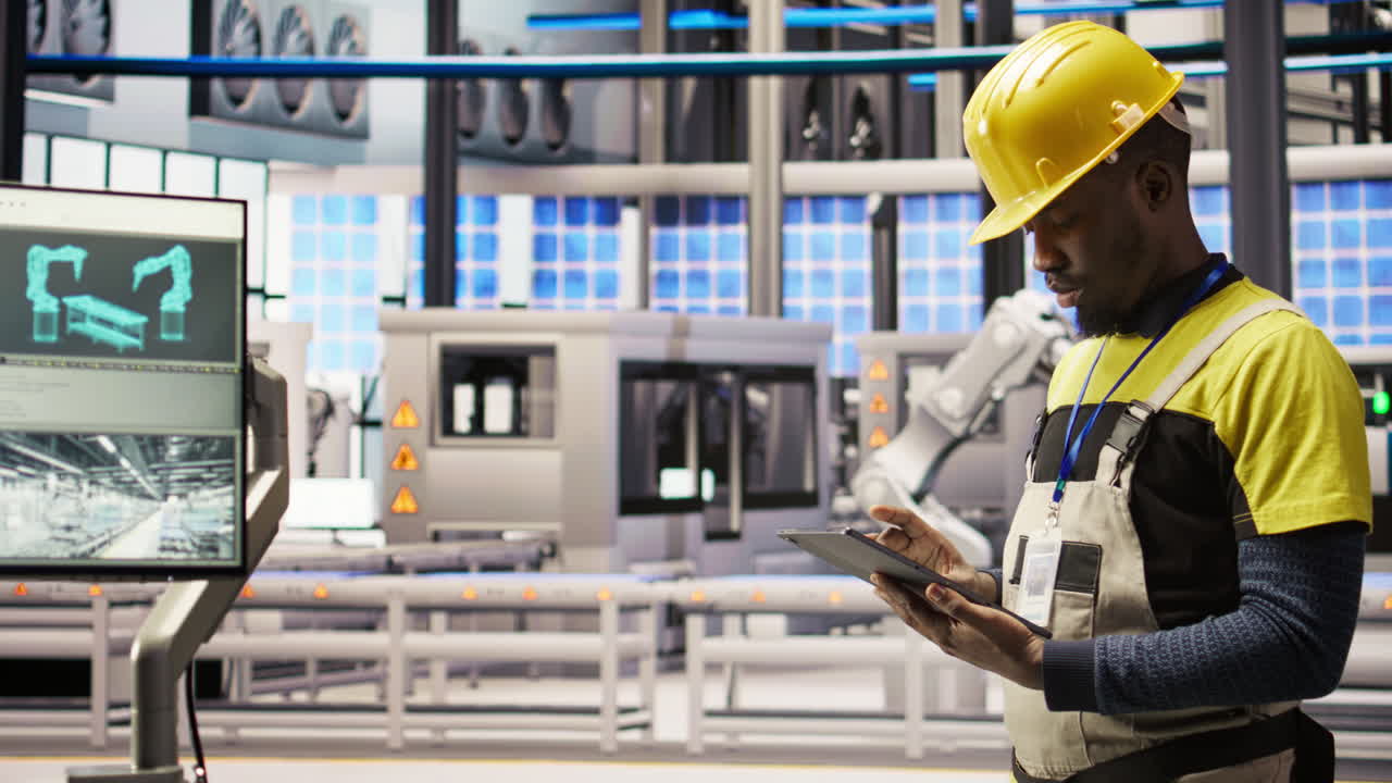 Vertical video Smart factory mechanic using tablet to analyze IoT sensors data