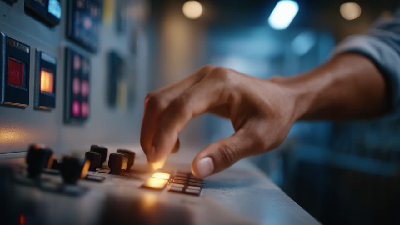 Navigating Control Systems: A Hand Engages a Button on a Complex Control Panel in an Industrial Setting, Highlighting Precision and Technology in Action
