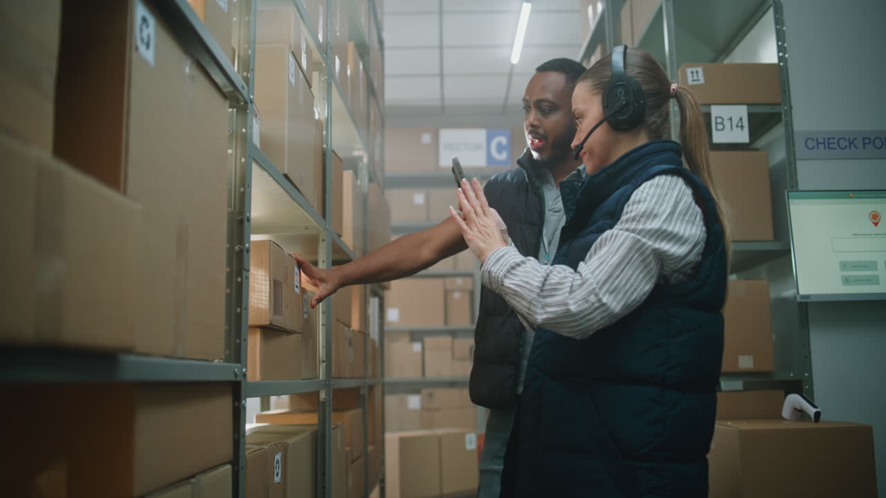 Multiethnic Warehouse Associates Working in Sorting Center of Delivery Service Multiethnic Warehouse Associates Working in Sorting Center of Delivery Service Female Employee in Headset Scans Cardboard Parcels with Ecommerce Online Goods Using Smartphone Checks Information