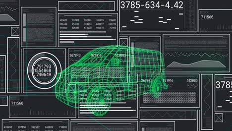 Animation-of-changing-numbers,-circles,-graphs,-loading-bars-over-3d-model-of-minivan