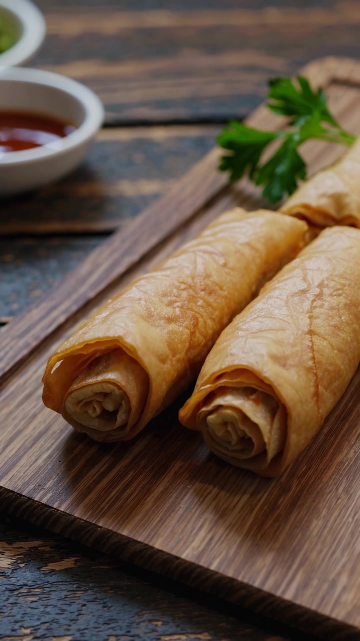 Lumpia Emas Renyah Disajikan di Atas Papan Kayu