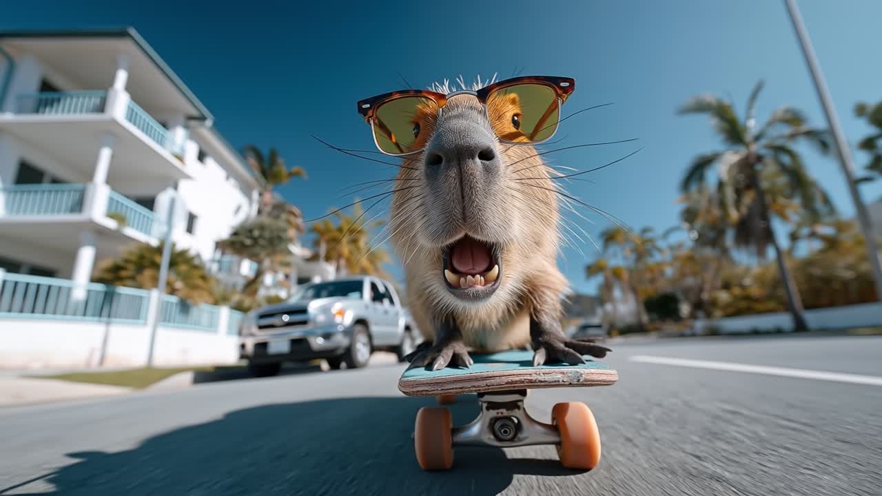 Cooles Capybara mit Sonnenbrille fährt Skateboard auf einer Stadtstraße und schaut in die Kamera.