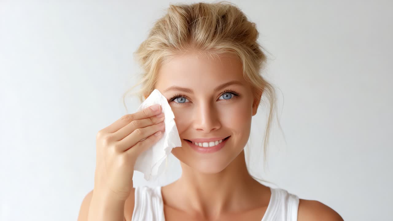 A refreshing facial cleansing routine: a young woman removes makeup gently using a tissue while showcasing her glowing skin and bright smile in a serene setting