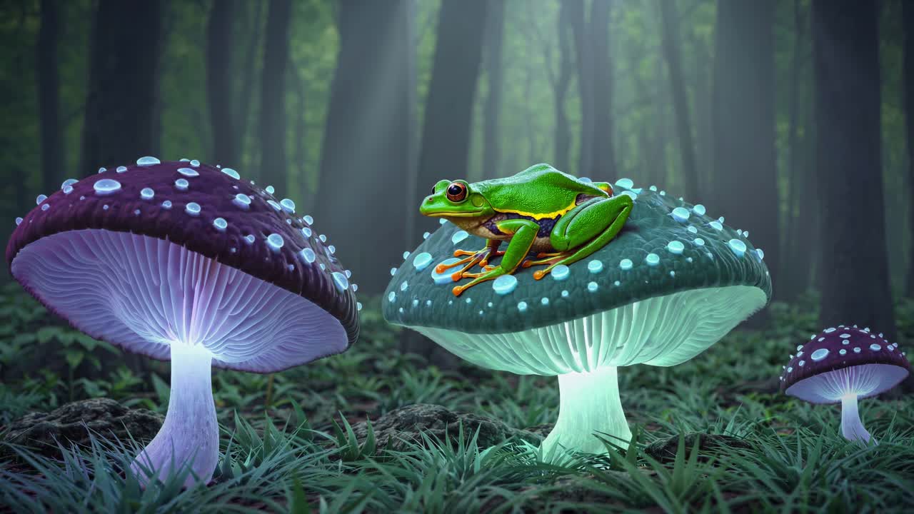환상적인 숲에서 조명된 버섯에 반이는 개구리