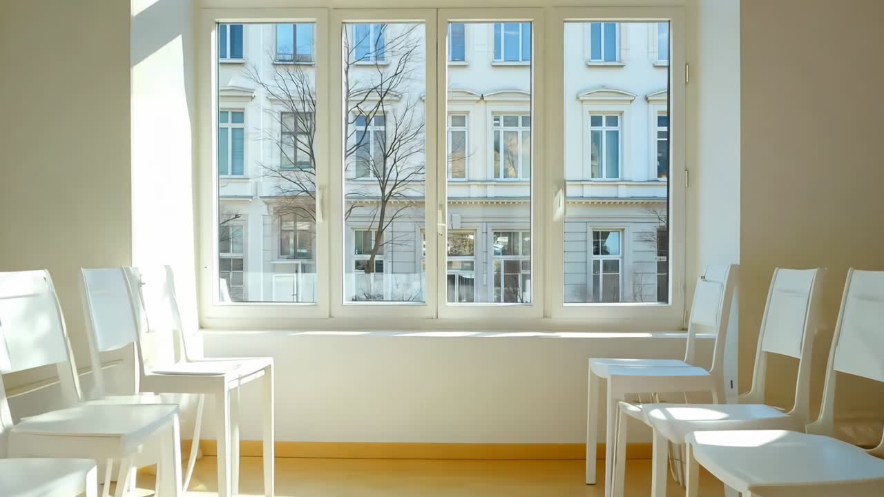 A row of white chairs in front of a large window