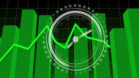 animation of ticking clock and statistical data processing over grid network on black background