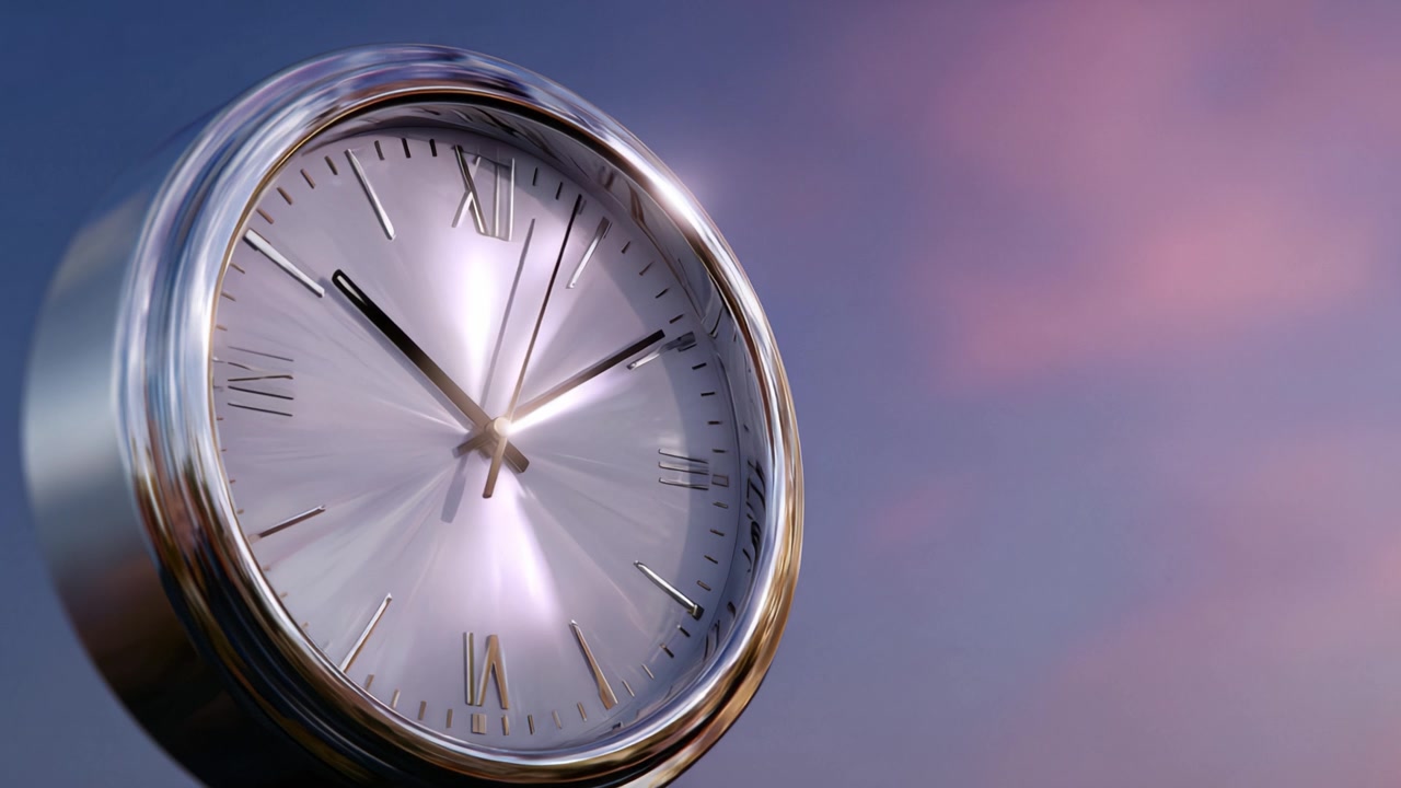 Un primo piano di un orologio che mostra l'ora; un design lucido ed elegante su uno sfondo di cielo con sfumature delicate, caratterizzato da colori tenui, perfetto per evocare la riflessione e l'essenza del tempo.