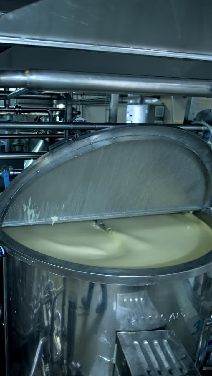 Three silver tanks for mixing milk products. Dairy production at the modern food factory. Steel tanks with open lids standing in row. Vertical video