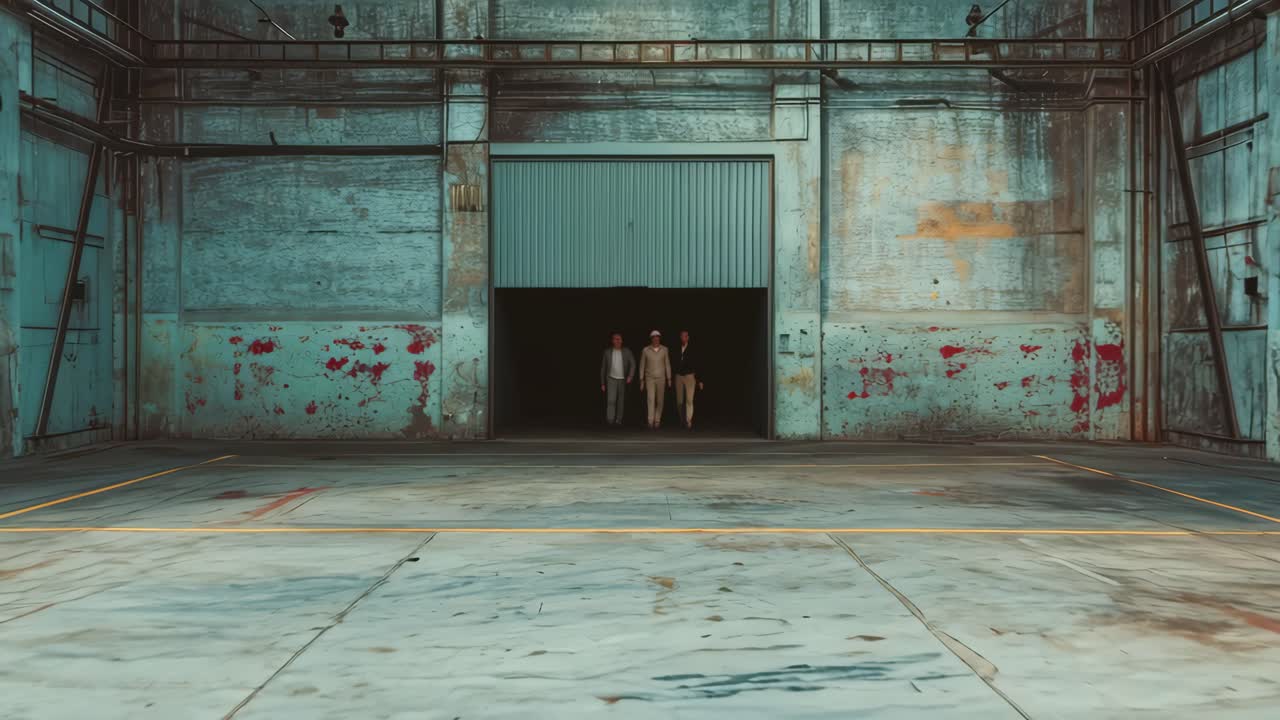 Wide-angle shot of an empty, industrial warehouse with high ceilings and worn textures, perfect
