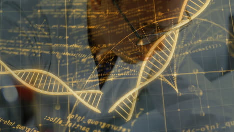 Animación-De-Procesamiento-De-Datos-Científicos-Y-Cadena-De-ADN-Sobre-Un-Investigador-En-El-Laboratorio